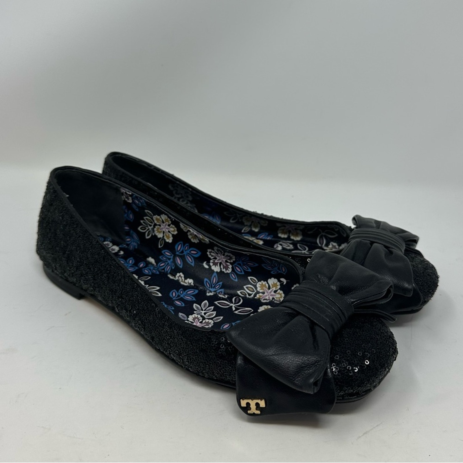 Tory Burch Divine Bow Driver Ballet Flat Size 7.5 Black Sequin Leather Shoes